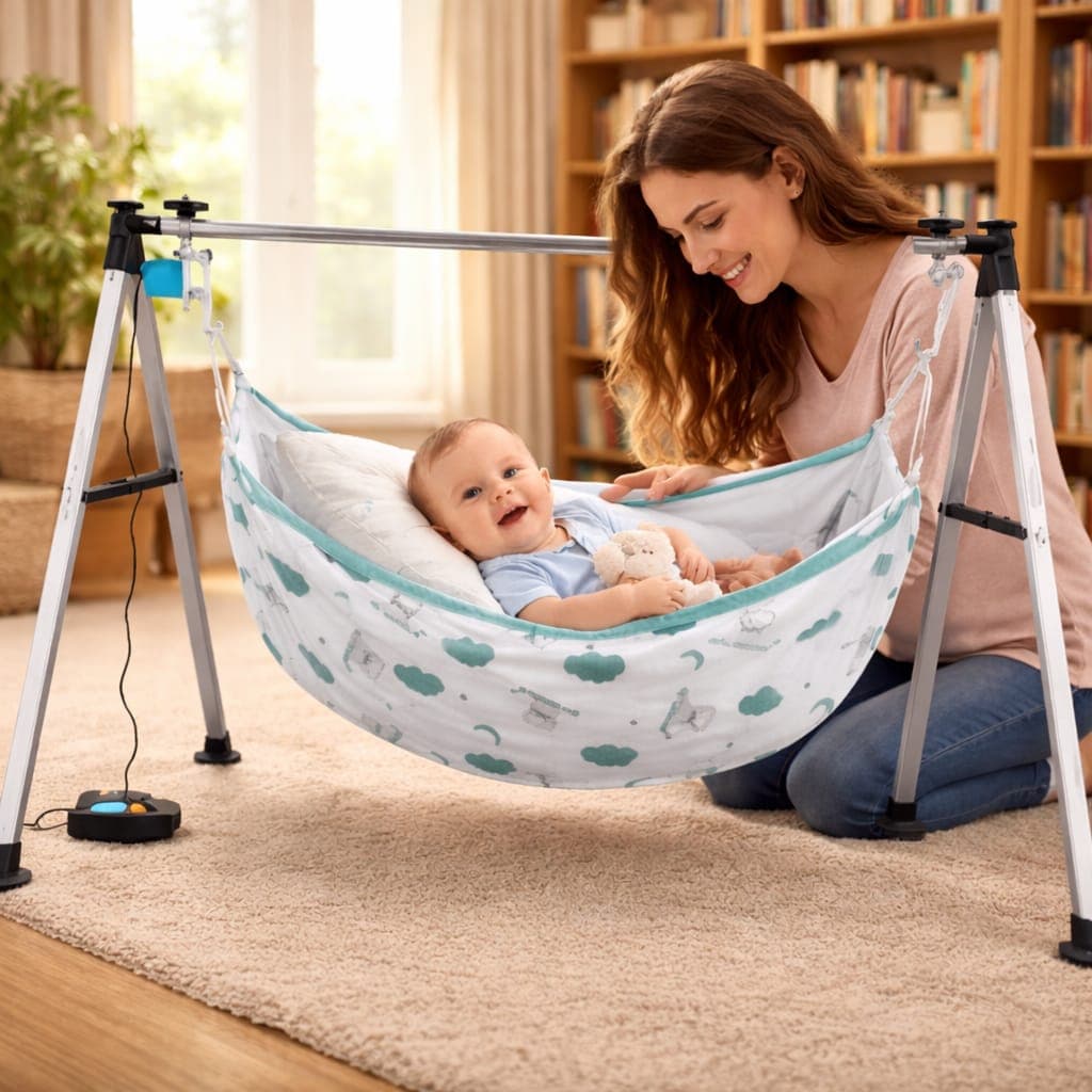 Family with automatic baby cradle